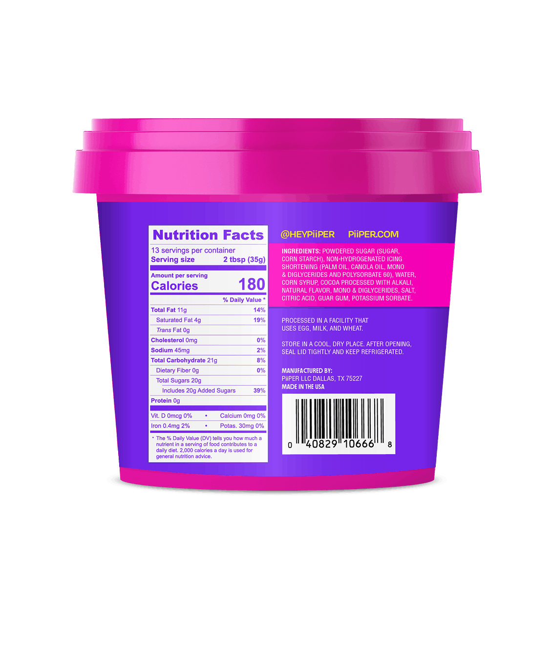 Back view of PiiPER Brownie Batter Frosting showcasing nutrition facts and ingredients label with a transparent background