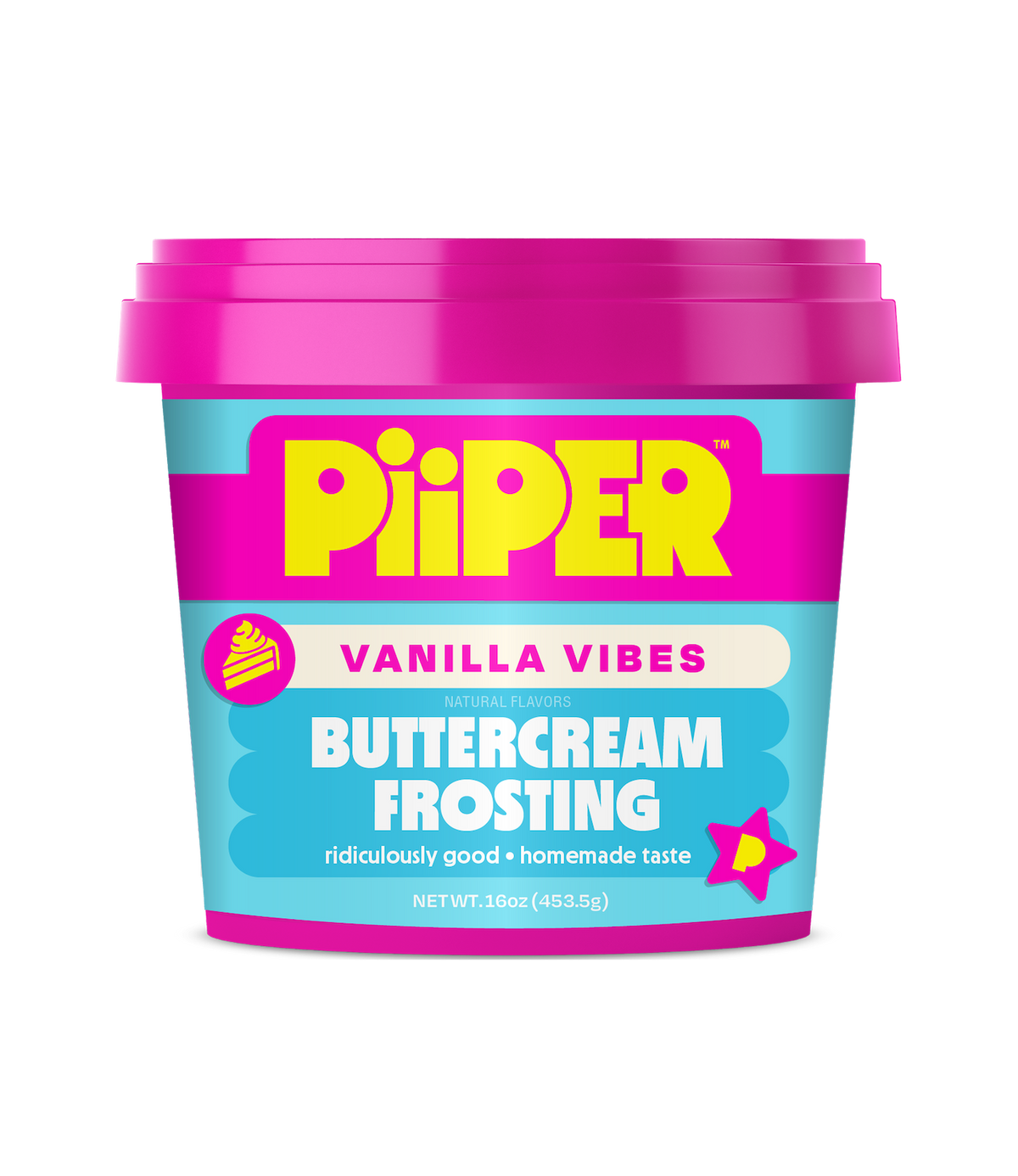 Front view of PiiPER Buttercream Frosting Vanilla Vibes tub showcasing pink and turquoise packaging on a black background