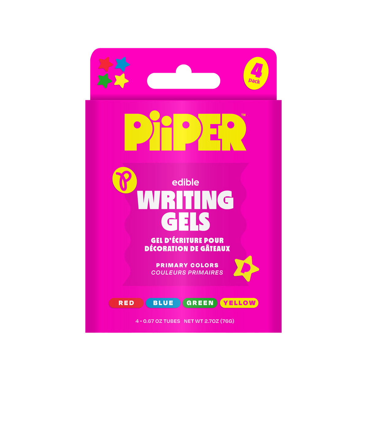 Front view of PiiPER primary colors writing gel four pack with edible cake decorating gels in red blue green and yellow