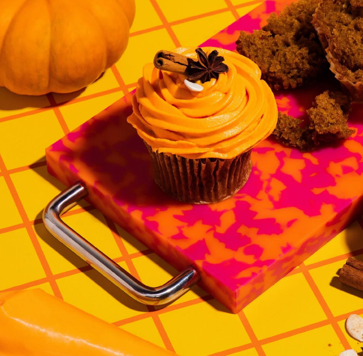 Cupcake swirled with PiiPER pumpkin chai buttercream frosting