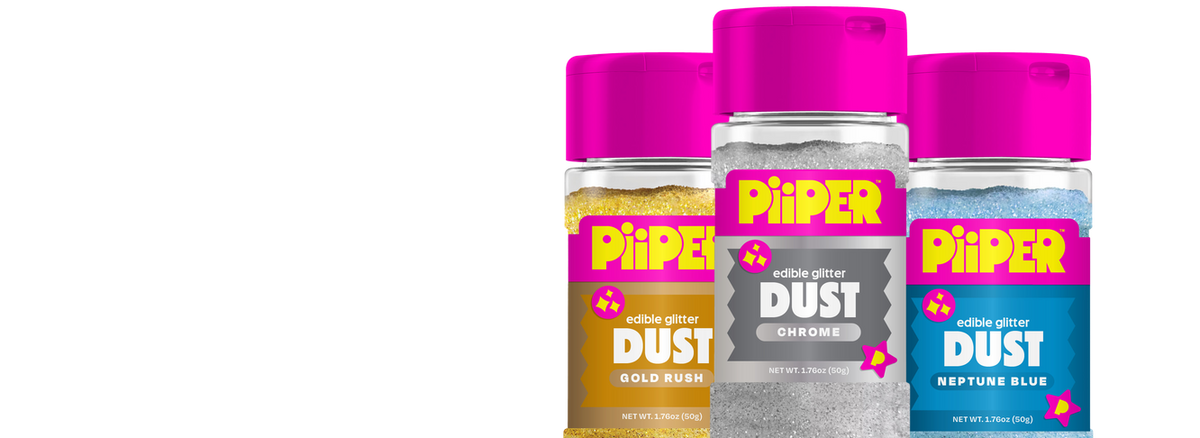 PiiPER edible glitter dust in gold rush, chrome and neptune blue